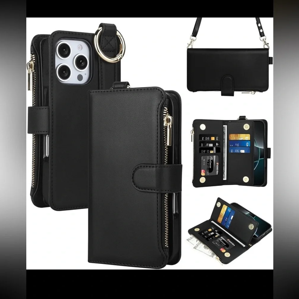iPhone 16 Pro Case with Card Holder Crossbody Strap Leather Flip Case wallet NEW